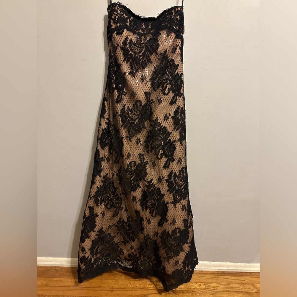 Vintage Rose Taft Black Lace Dress with Nude Clear Sequined Slip size 4